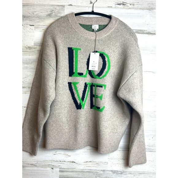 A New Day Women’s XL Tan Knit Sweater Green LOVE Logo Stitching Pullover NWT - Picture 1 of 8